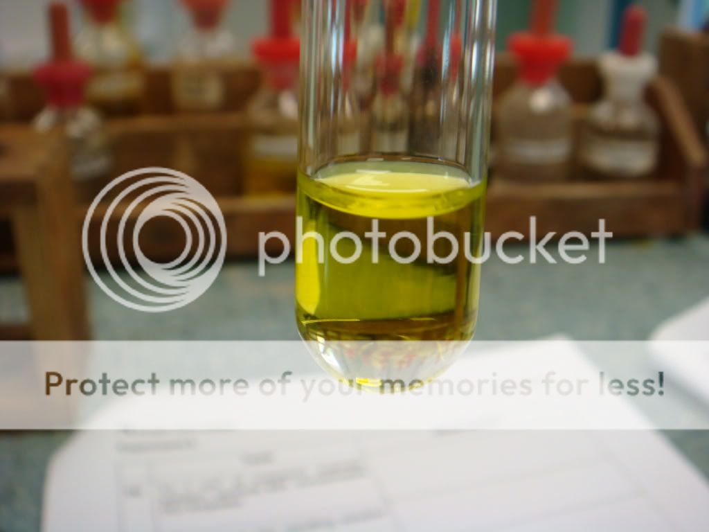 Conc HCl + Copper (II) Sulphate = Yellow Solution Photo by JESLINA2306